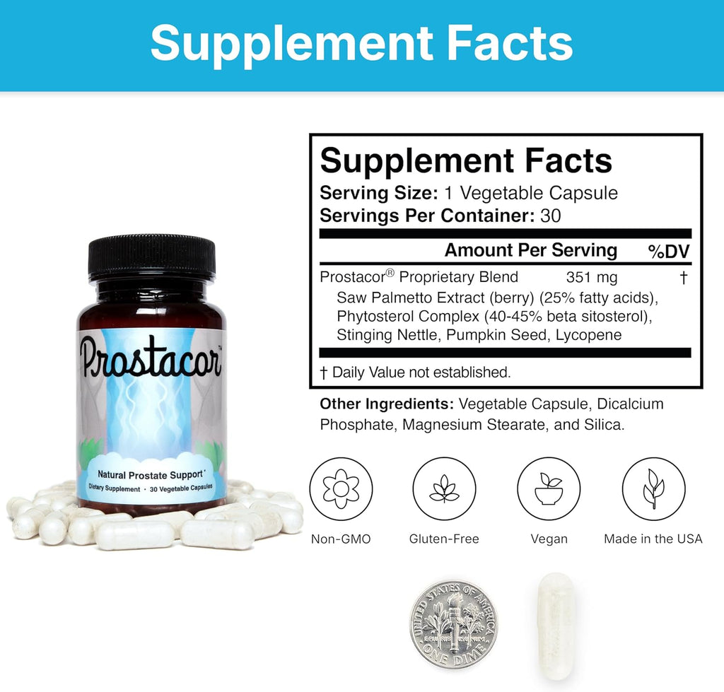 Prostacor Natural Prostate Support Supplement - Non-GMO, Vegan, Gluten-Free - 30 capsules