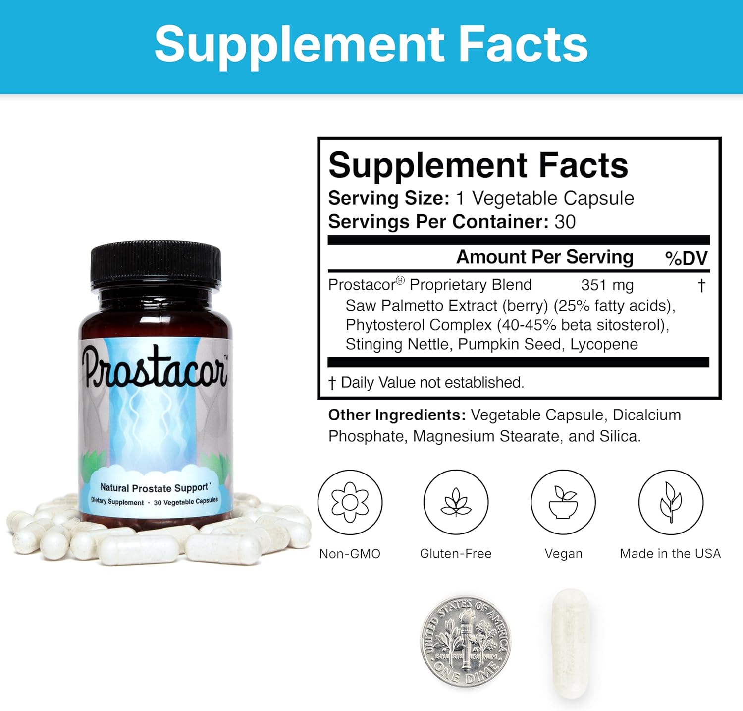 Prostacor Natural Prostate Support Supplement - Non-GMO, Vegan, Gluten-Free - 30 capsules