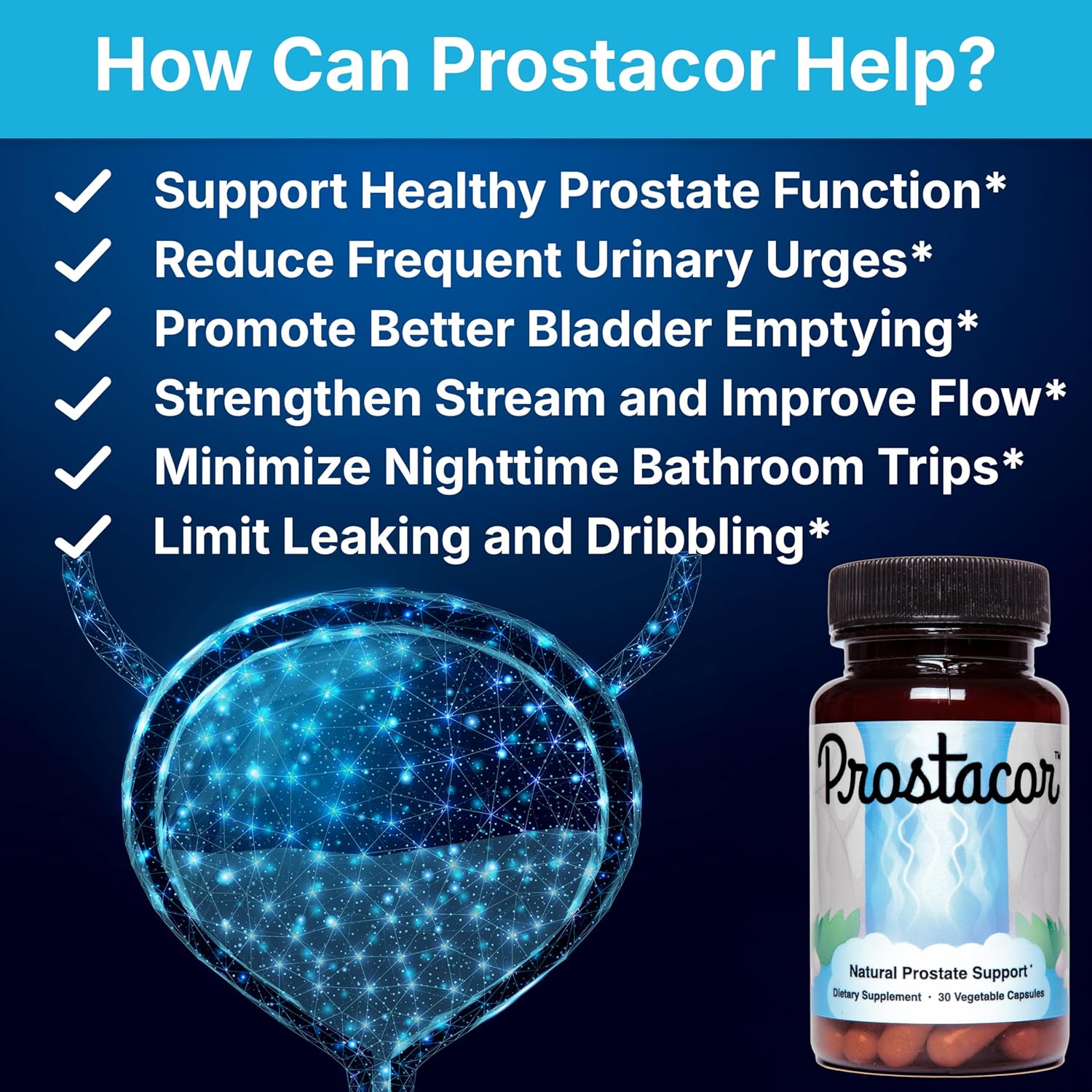 Prostacor Natural Prostate Support Supplement - Non-GMO, Vegan, Gluten-Free - 30 capsules