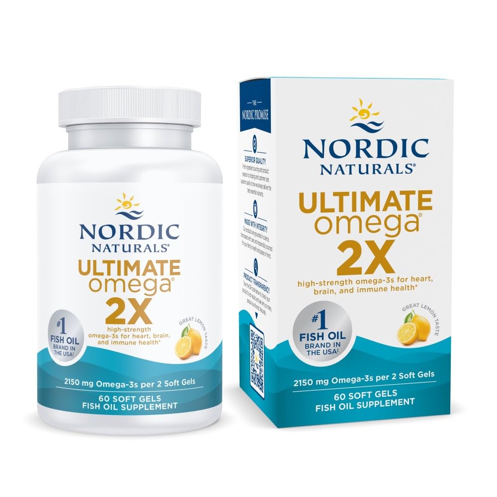 Nordic Naturals Ultimate Omega 2X fish oil supplement bottle and packaging on a white background